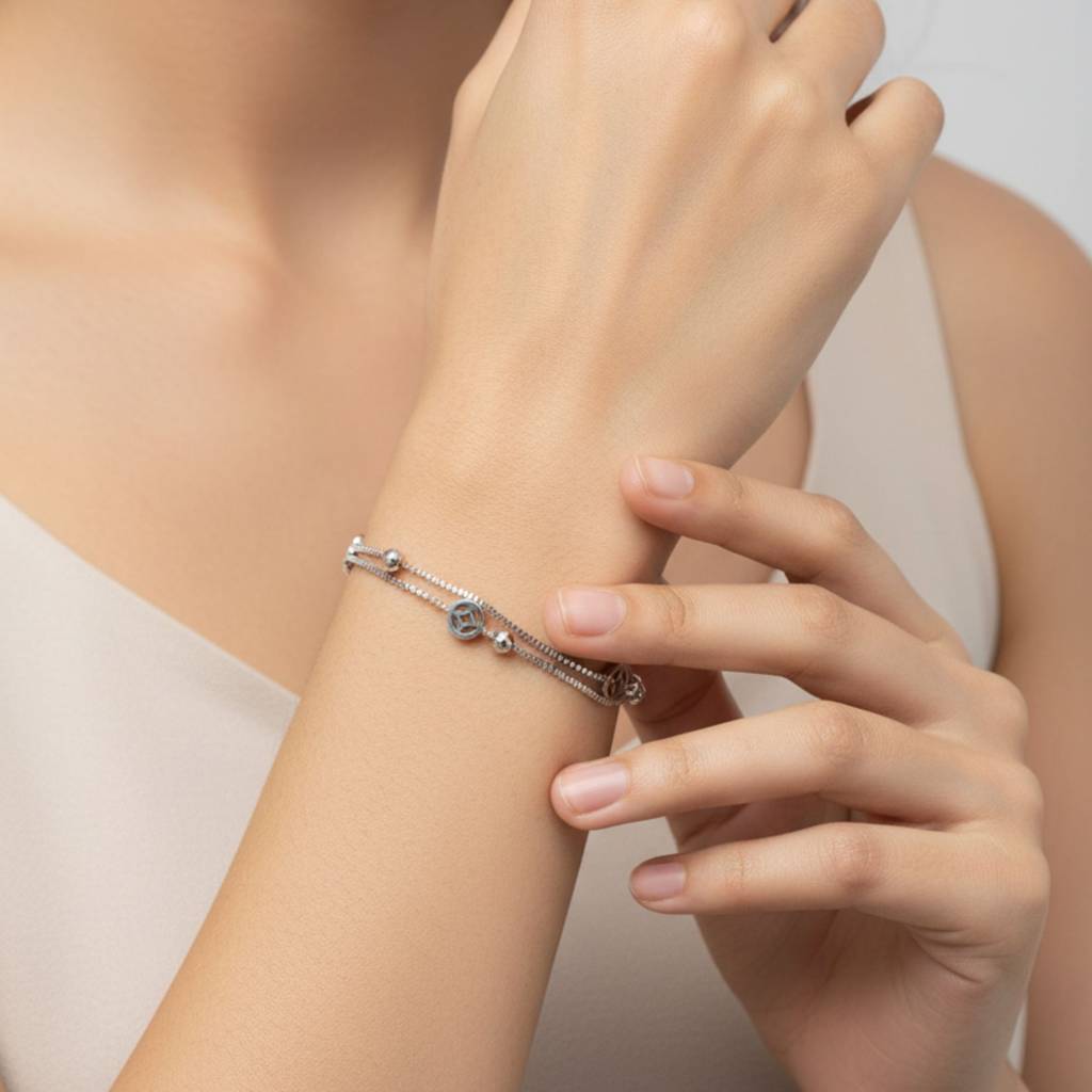 925 Sterling Silver Double Layer Geometric Charm Bracelet : RJSPBR29