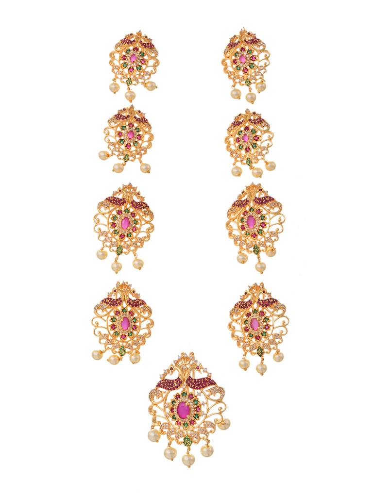 Set Of 9 Gold Toned Red Ad Studded  & Pearl Beads Choti Jadai : SJCH1758