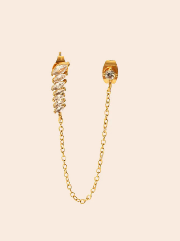 18Kt Gold Plated Demi Fine Multiple White Zircon Piercing Chain Earrings, Lyra (Single Side) : INLYRA