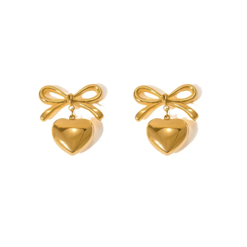 18K Gold Plated Heart Bow Drop Earrings : RJFSER02