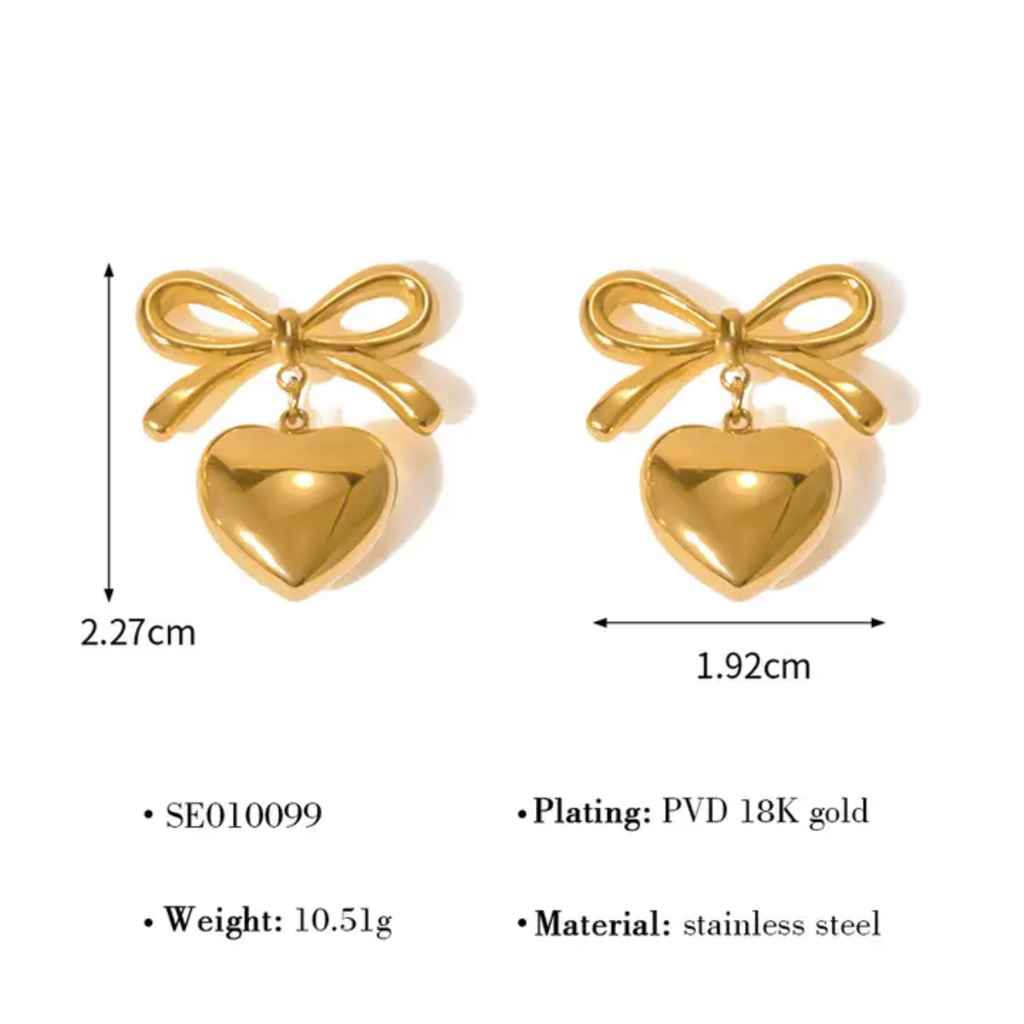 18K Gold Plated Heart Bow Drop Earrings : RJFSER02