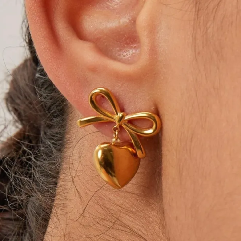 18K Gold Plated Heart Bow Drop Earrings : RJFSER02