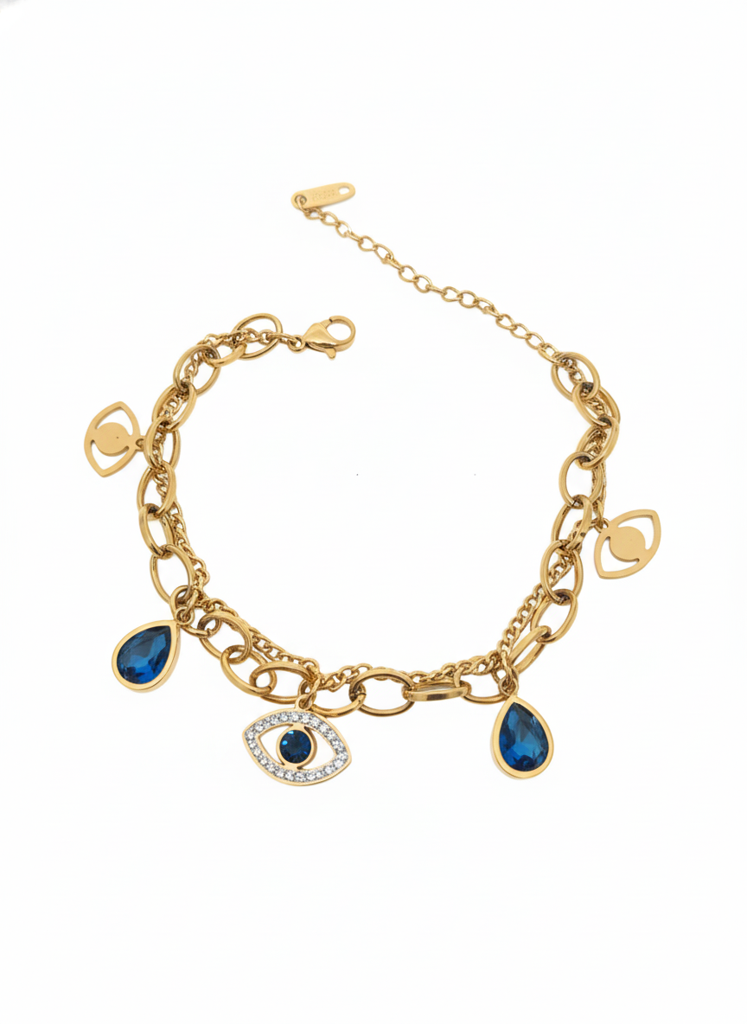 18K Gold Plated Evil Eye Blue Charm Bracelet : RJFSBR06