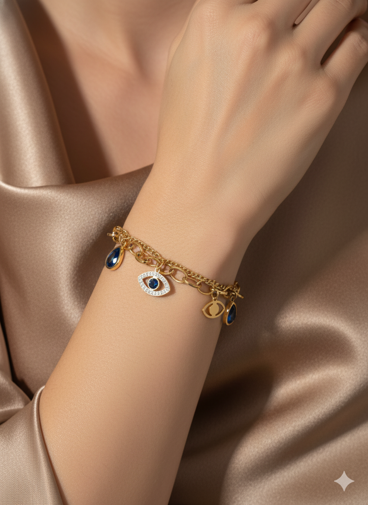 18K Gold Plated Evil Eye Blue Charm Bracelet : RJFSBR06