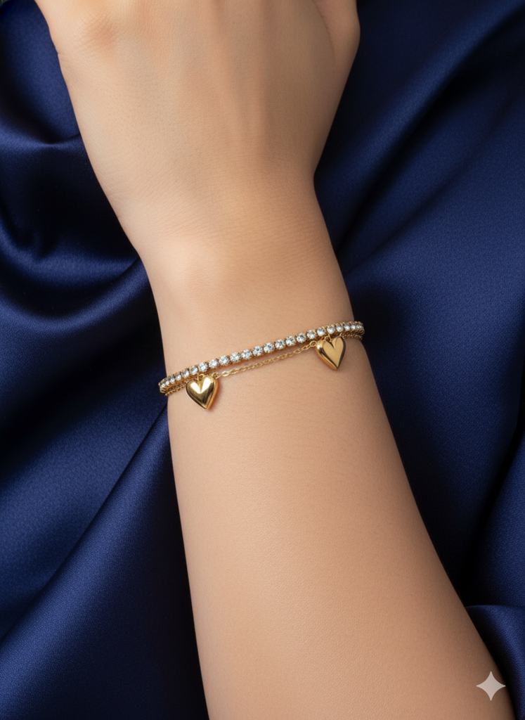 18K Gold Plated Dual Heart Tennis Bracelet : RJFSBR05