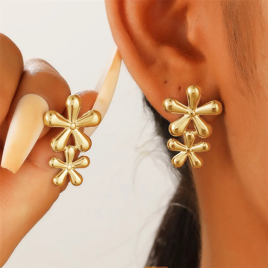 18K Gold Plated Double Daisy Drop Earrings : RJFSER13