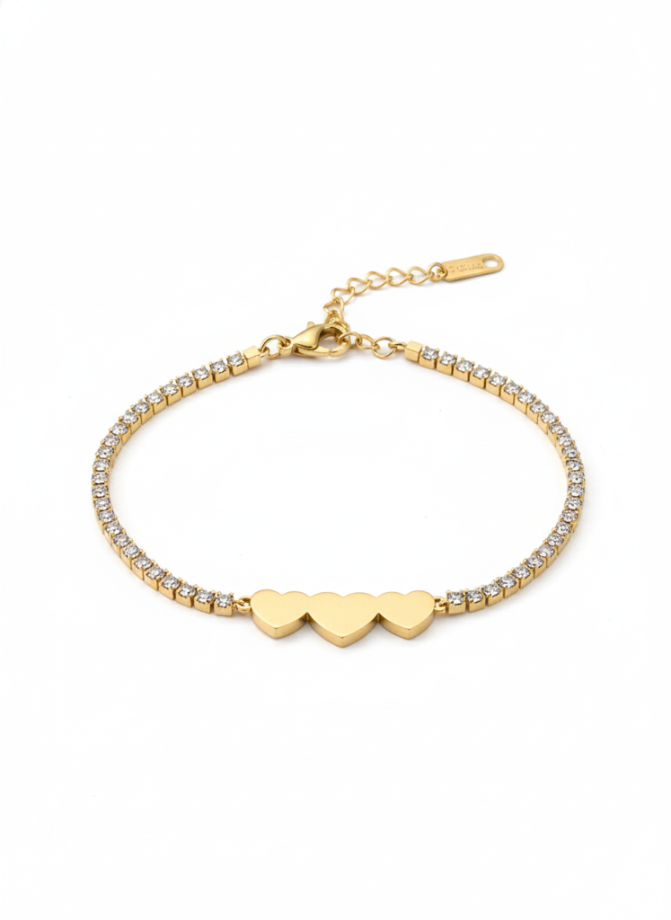 18K Gold Plated Triple Heart Tennis Bracelet : RJFSBR14