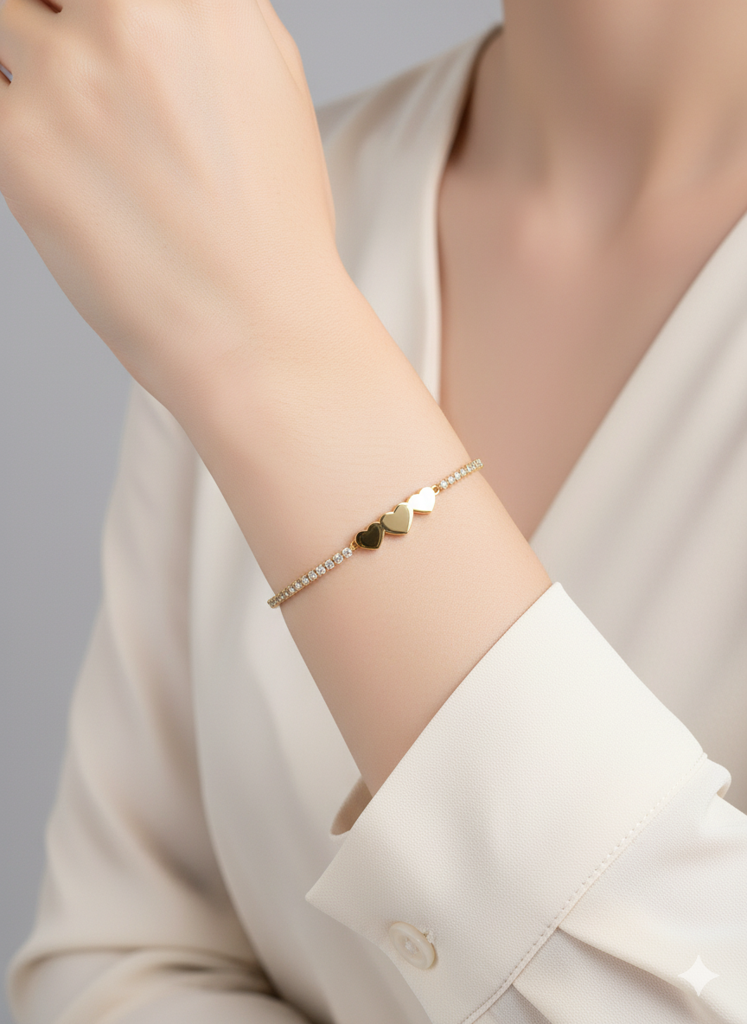 18K Gold Plated Triple Heart Tennis Bracelet : RJFSBR14