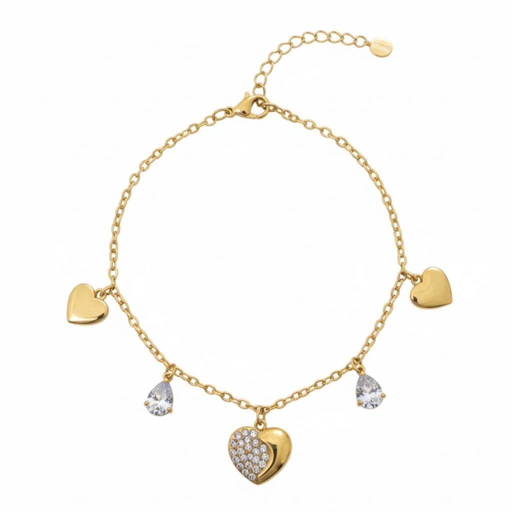 18K Gold Plated Dangling Heart & Cz Anklet : RJFSAK02