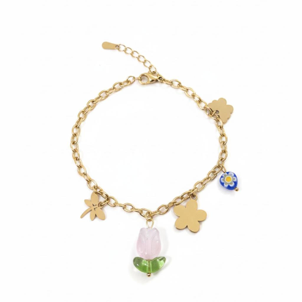 18K Gold Plated Floral Charm Bracelet : RJFSBR30