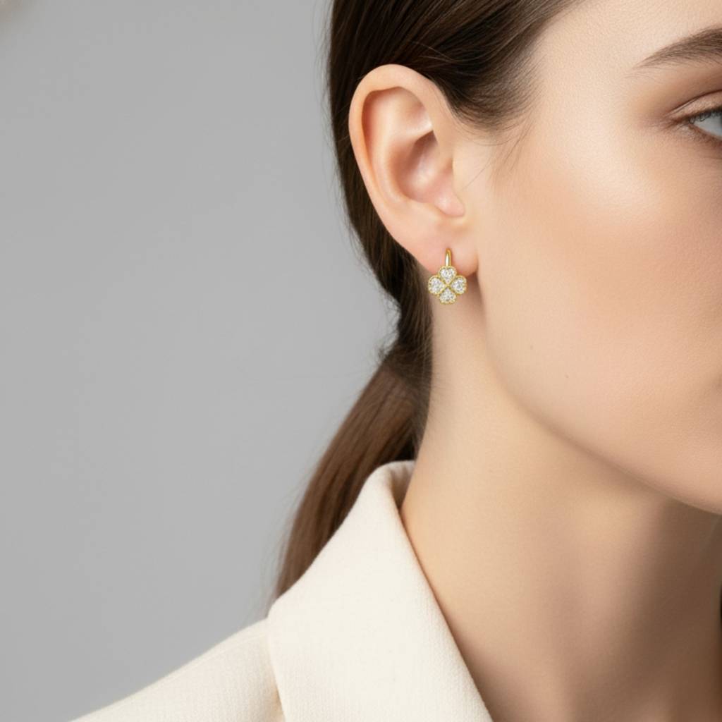 18K Gold Plated Clover Crystal Hoop Earrings : RJFSER41