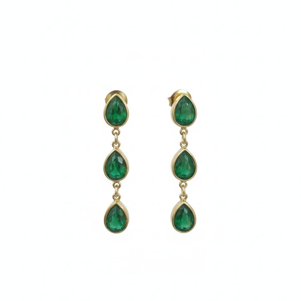 18K Gold Plated Triple Pear Green Zircon Drop Earrings : RJFSER27
