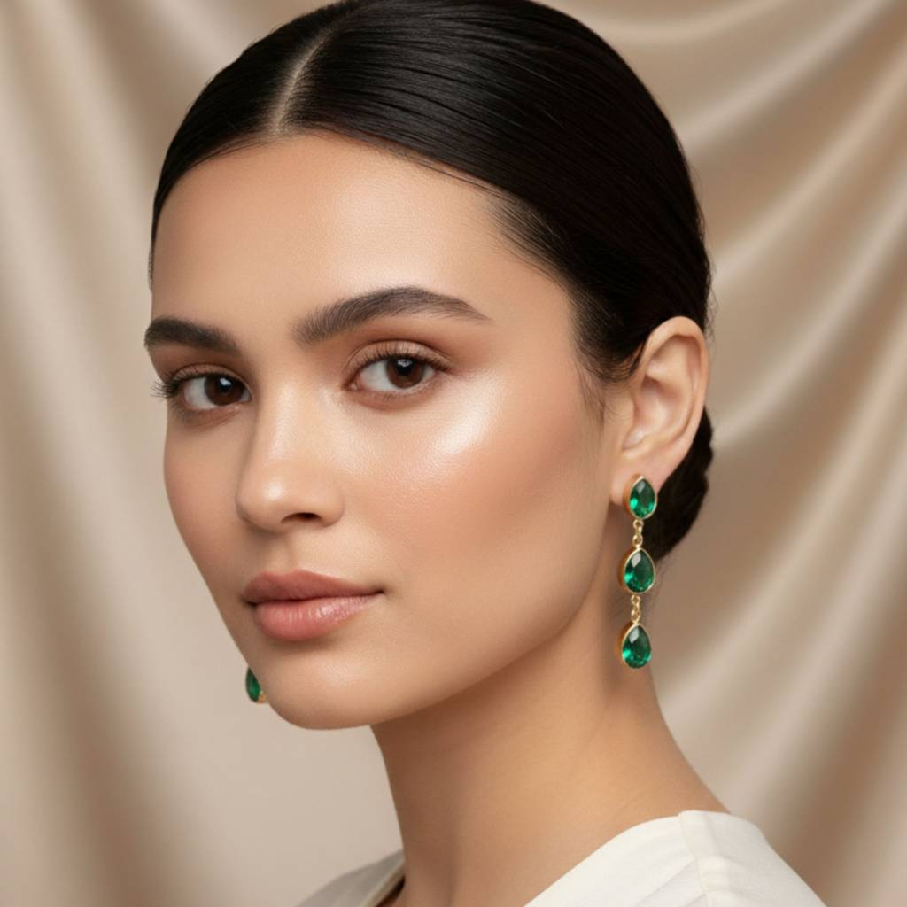 18K Gold Plated Triple Pear Green Zircon Drop Earrings : RJFSER27