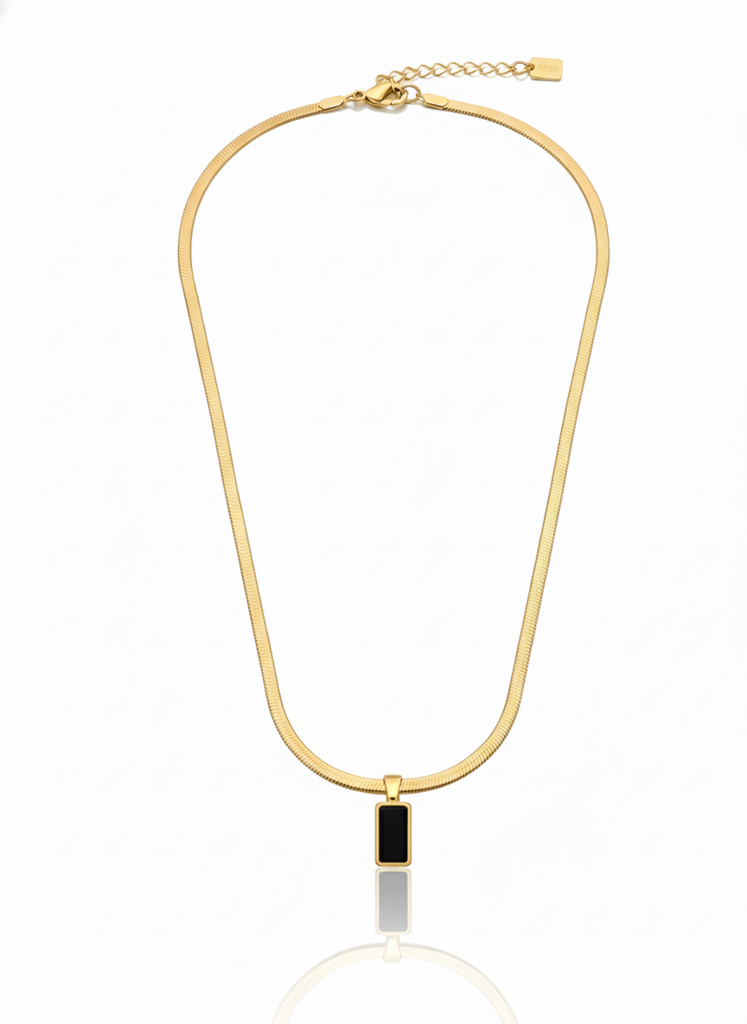 18K Gold Plated Black Enamel Rectangle Pendant Necklace : RJFSPN36