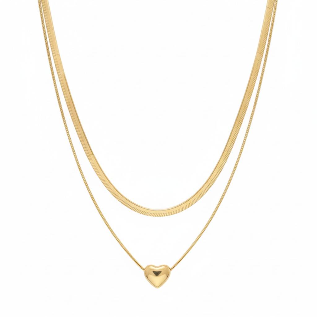 18K Gold Plated Dual Layer Heart Necklace : RJFSPN34