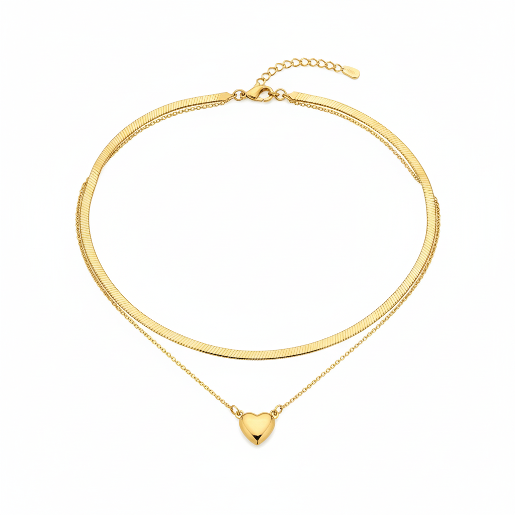 18K Gold Plated Dual Layer Heart Necklace : RJFSPN34