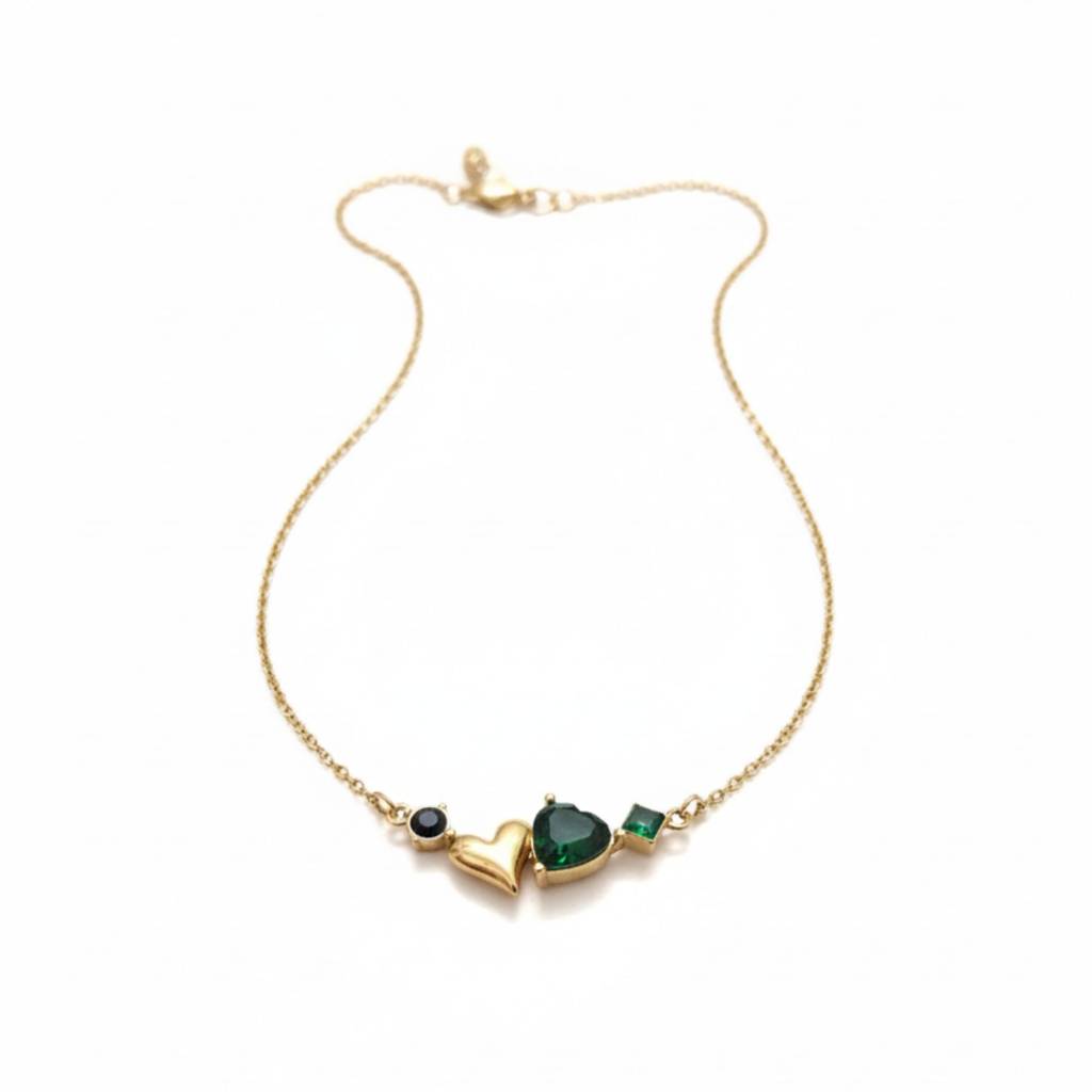 18K Gold Plated Heart & Green Charm Necklace : RJFSPN14