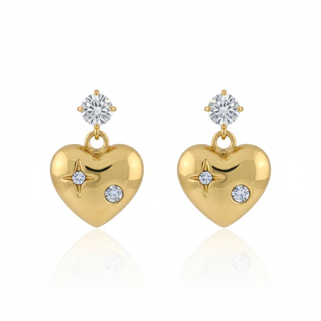 18K Gold Plated Heart Drop White Zircon Earrings : RJFSER29