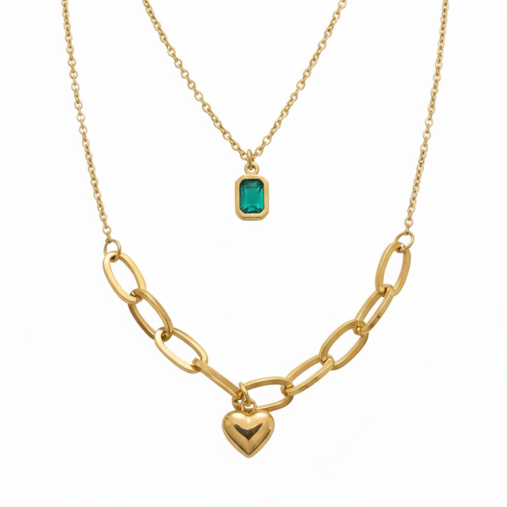 18K Gold Plated Layered Heart & Green Stone Necklace : RJFSPN13