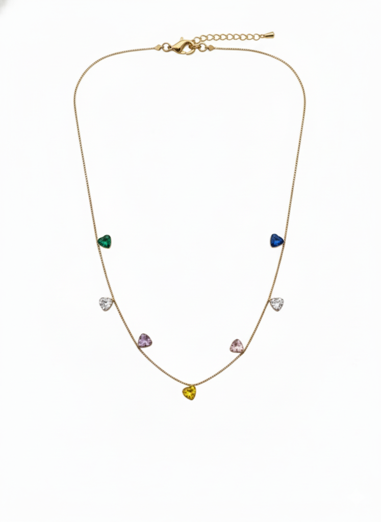 18K Gold Plated Multicolour Heart Station Necklace : RJFSPN15