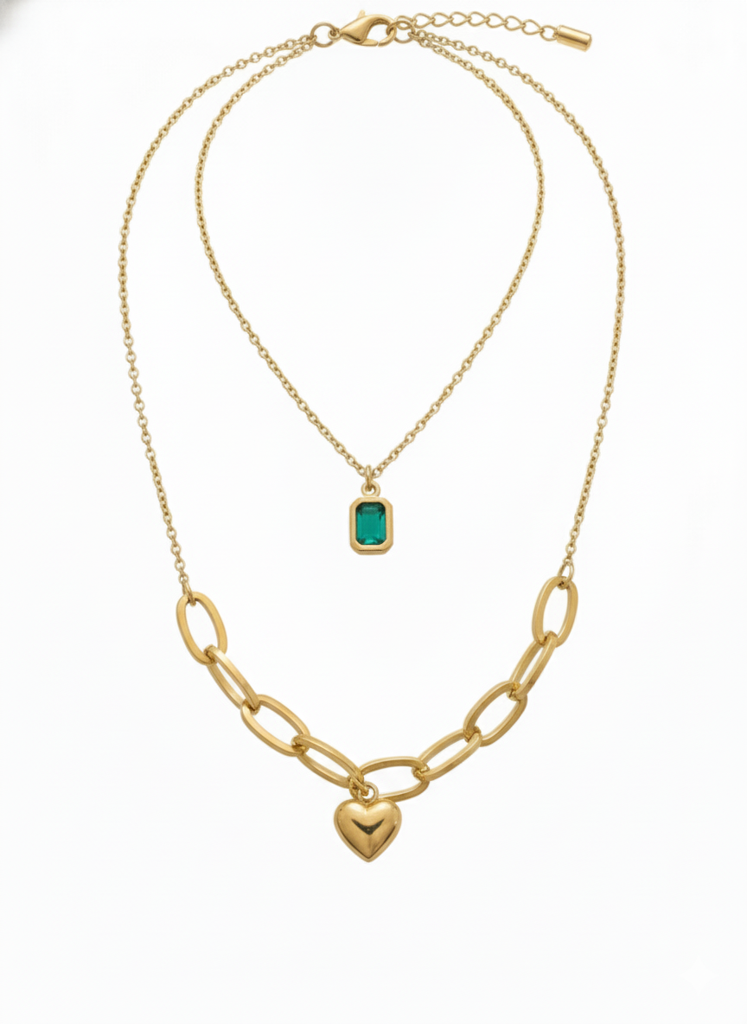 18K Gold Plated Layered Heart & Green Stone Necklace : RJFSPN13
