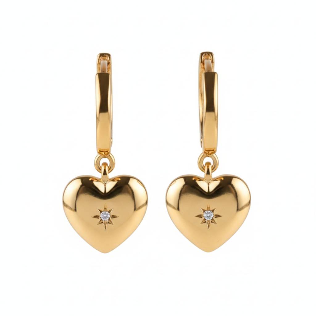 18K Gold Plated Heart Charm Drop Earrings : RJFSER46