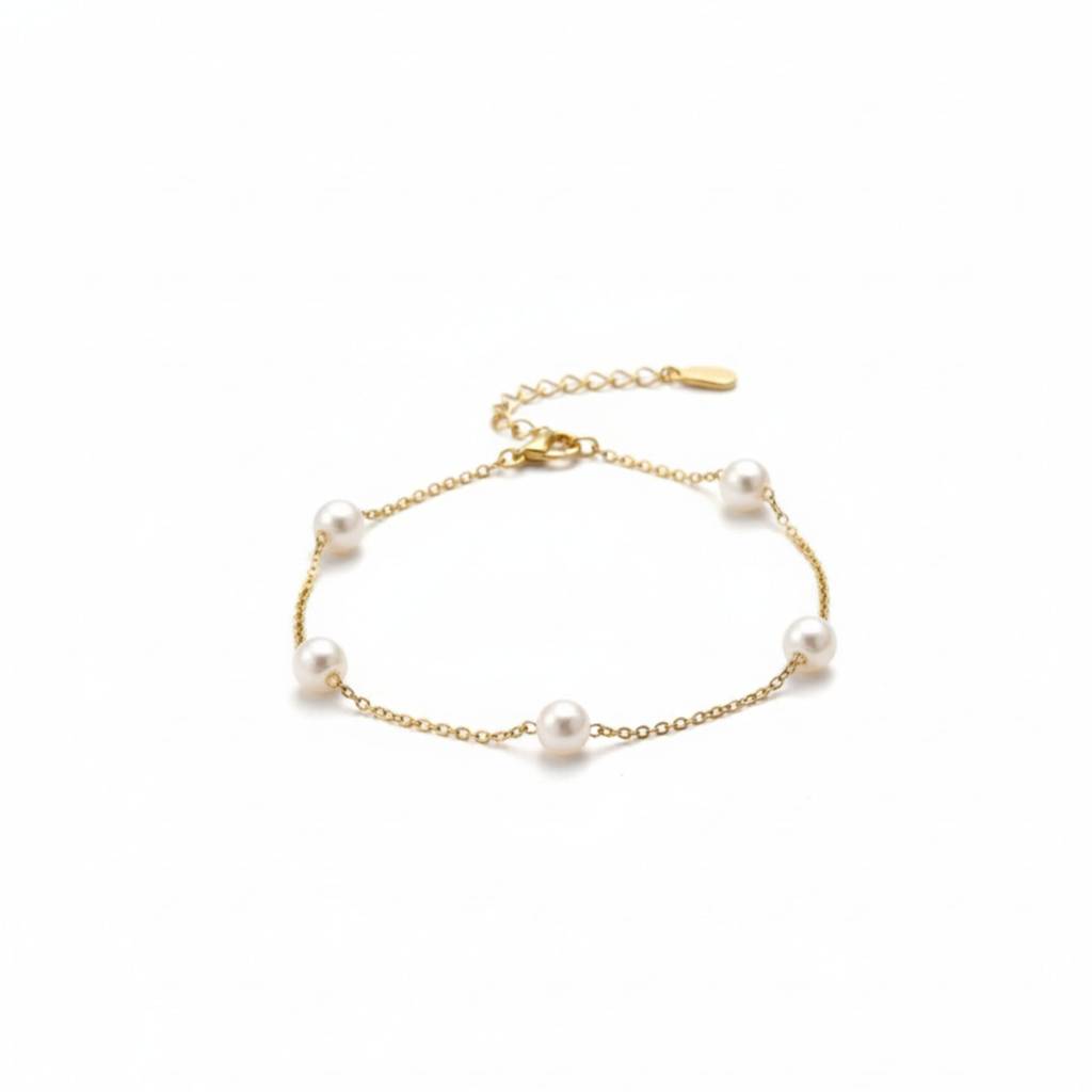 18K Gold Plated Pearl Station Bracelet : RJFSBR39