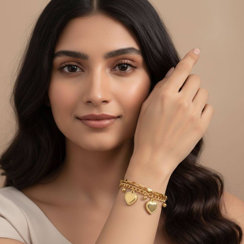 18K Gold Plated Chunky Heart Charm Bracelet : RJFSBR35