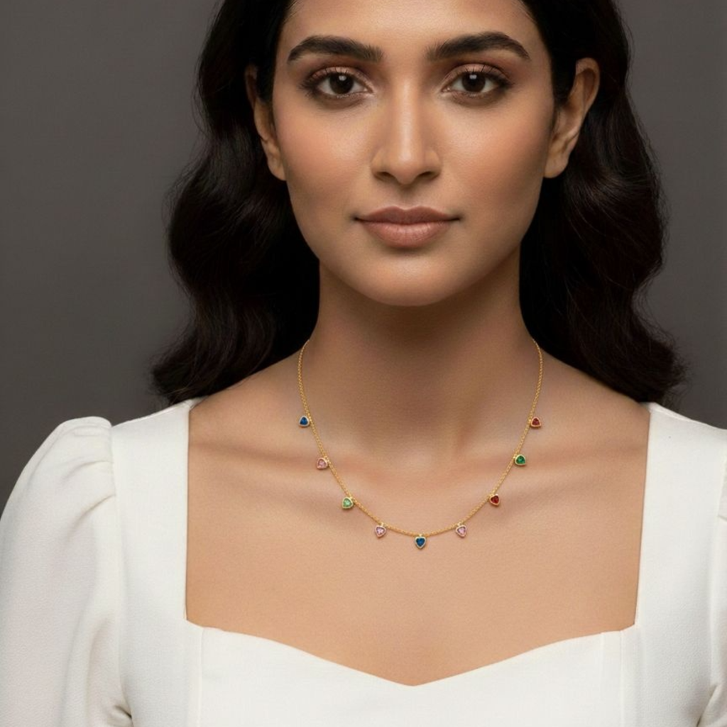 18K Gold Plated Multicolour Heart Charm Necklace : RJFSPN49