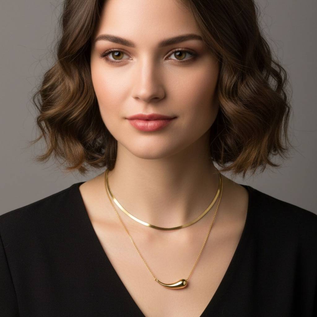 18K Gold Plated Double Layer Curved Bar Necklace : RJFSPN85