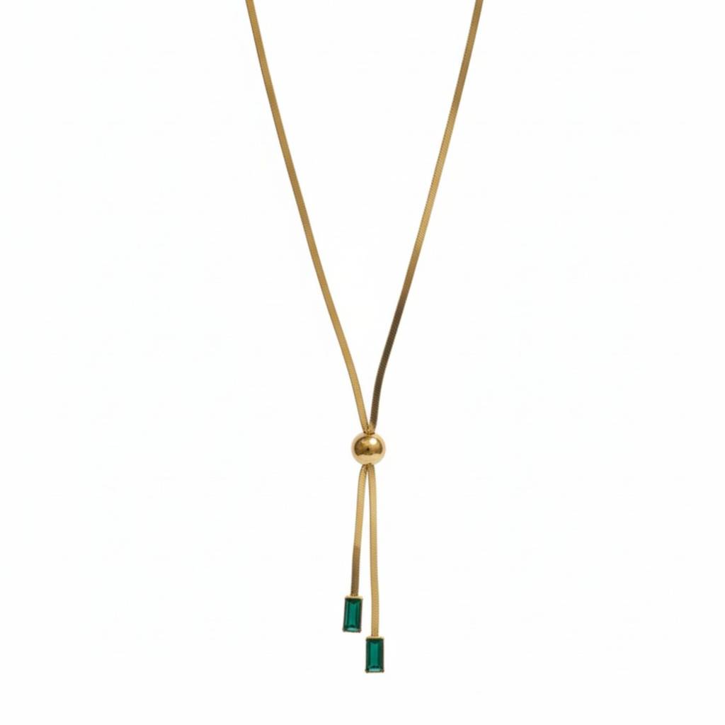 18K Gold Plated Adjustable Lariat Necklace With Green Zircon Drops : RJFSPN86