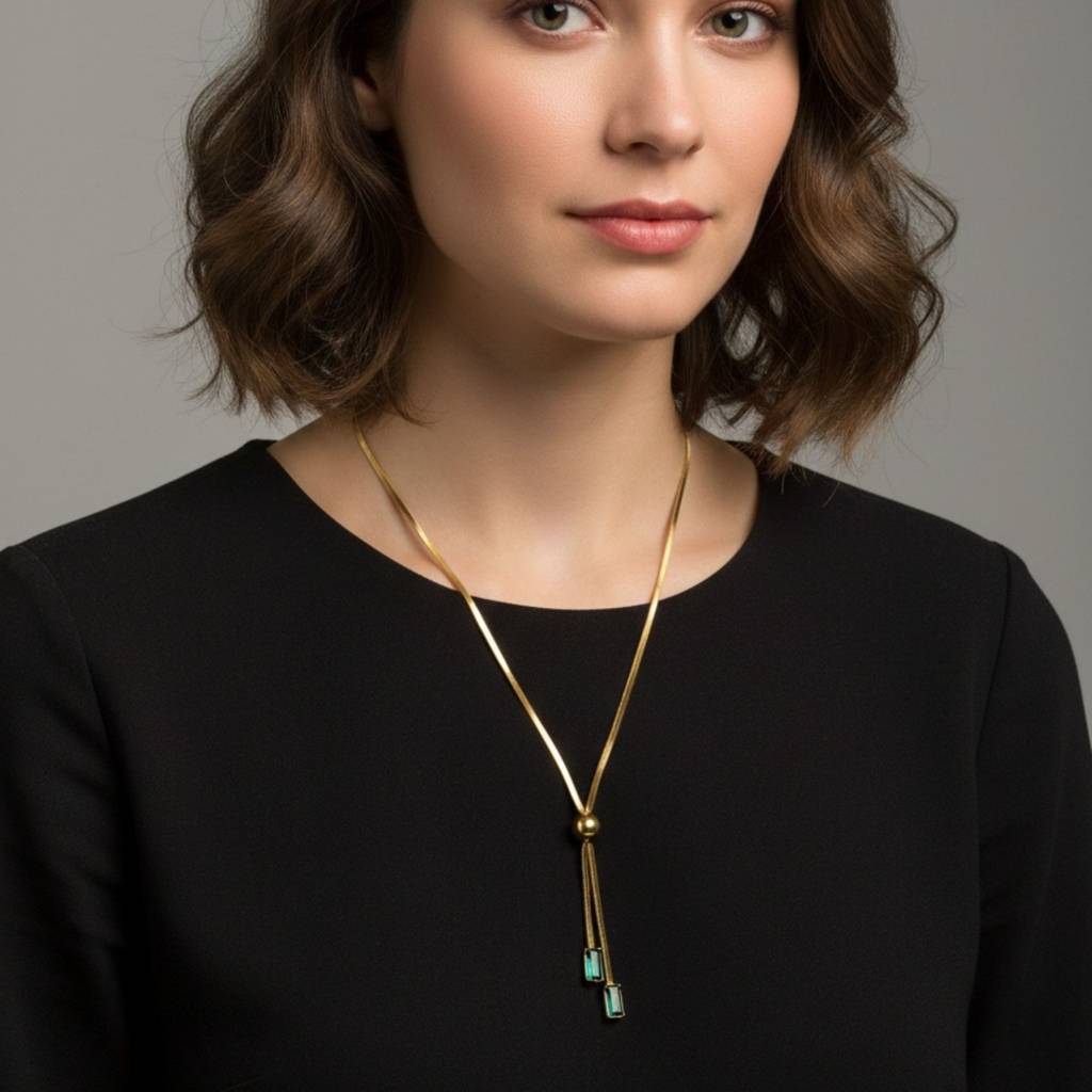 18K Gold Plated Adjustable Lariat Necklace With Green Zircon Drops : RJFSPN86