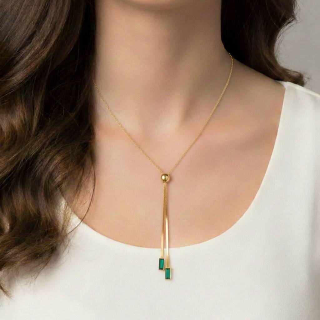 18K Gold Plated Adjustable Lariat Necklace With Green Zircon Drops : RJFSPN86