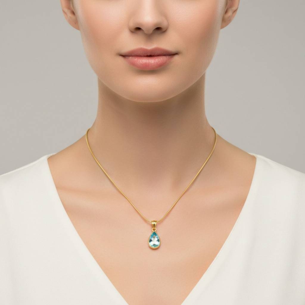 18K Gold Plated Blue Teardrop Pendant Necklace : RJFSPN84