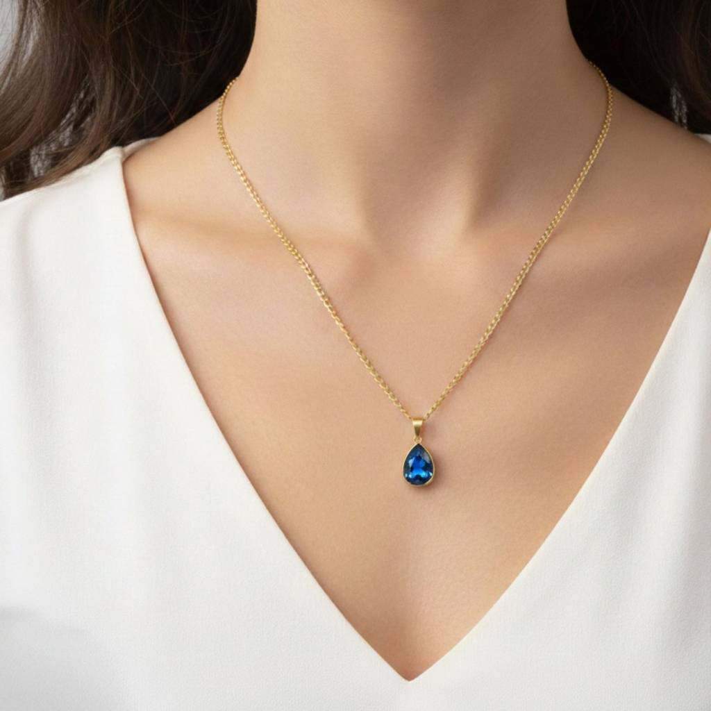 18K Gold Plated Blue Zircon Teardrop Pendant Necklace : RJFSPN78