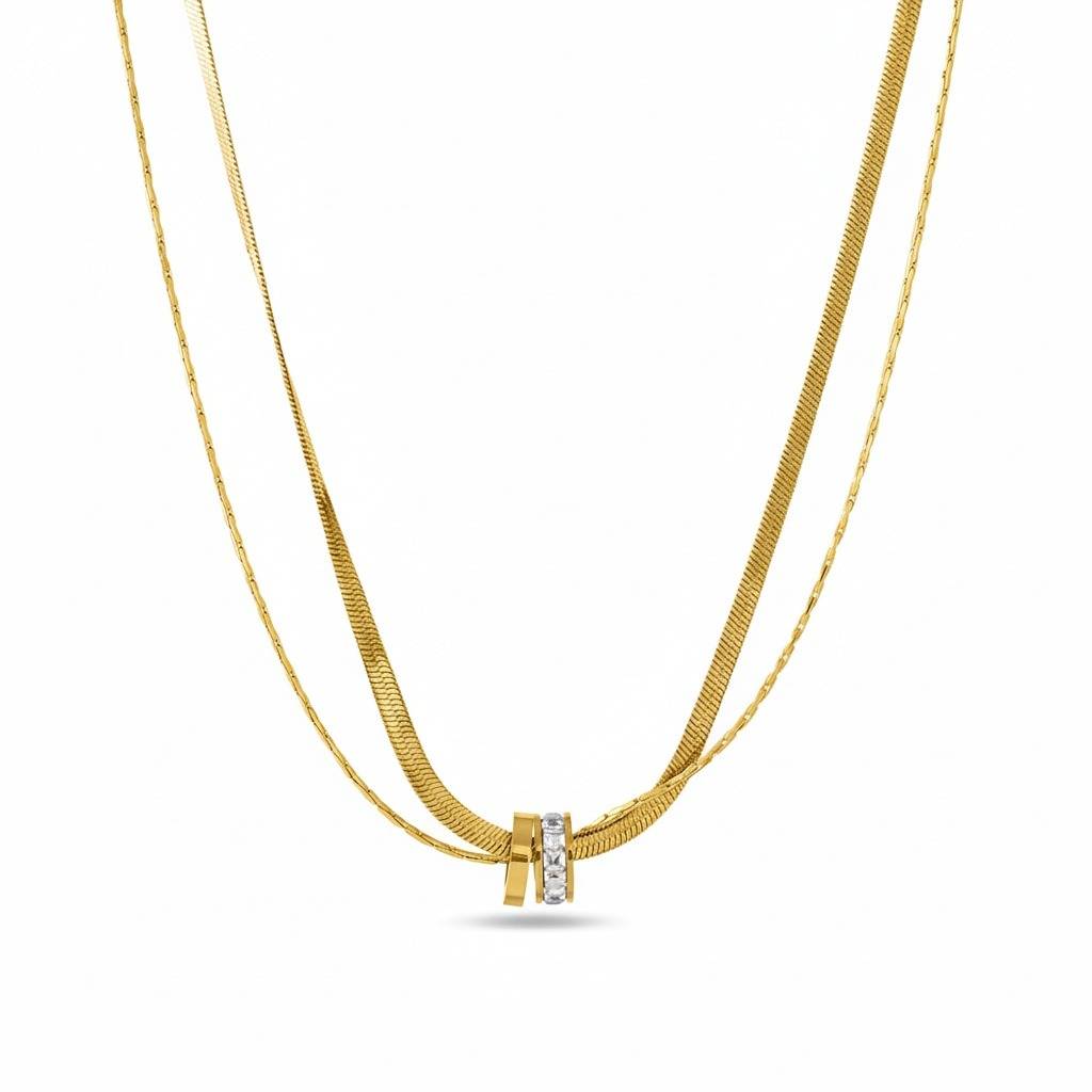 Layered Dual Chain Zircon Pendant Necklace : RJFSPN108