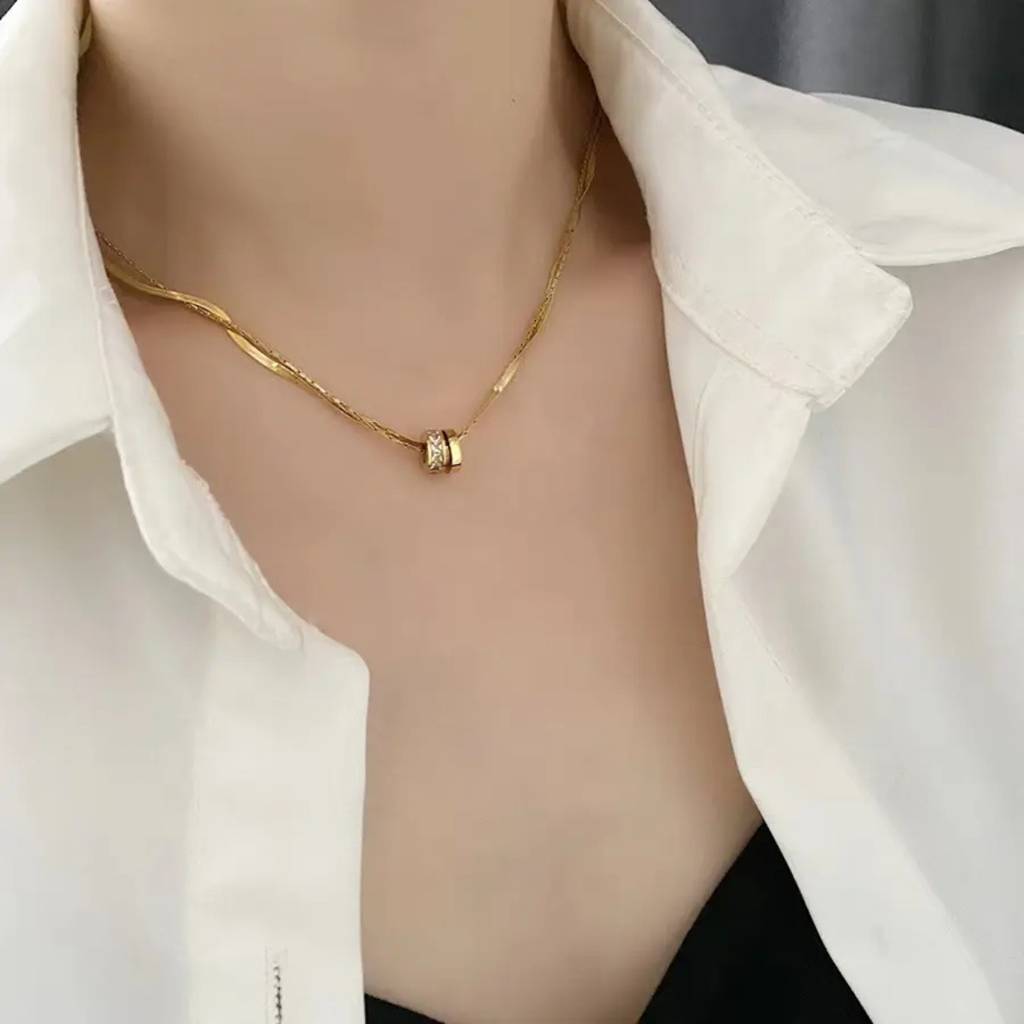 Layered Dual Chain Zircon Pendant Necklace : RJFSPN108