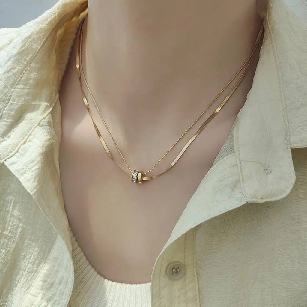 Layered Dual Chain Zircon Pendant Necklace : RJFSPN108
