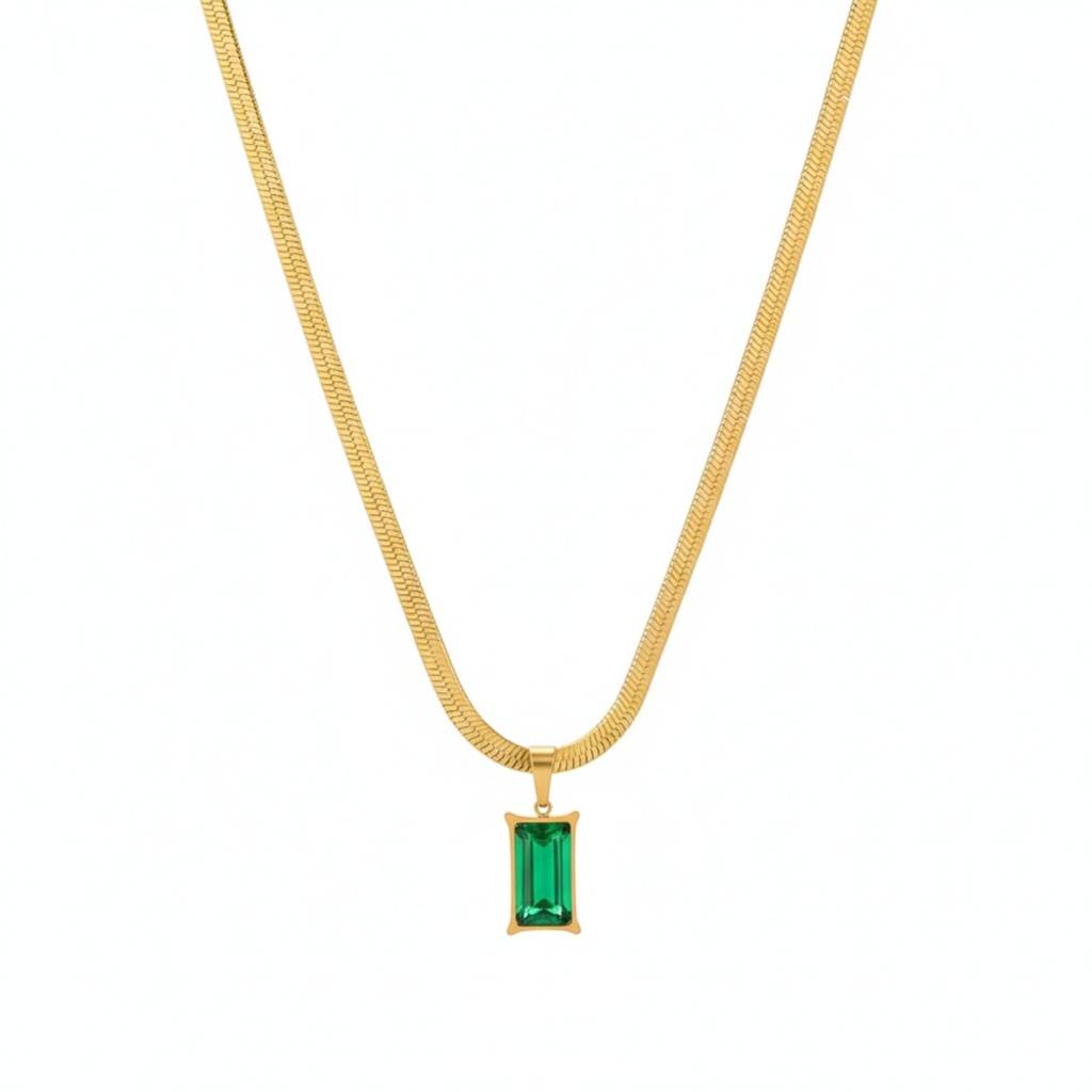 Emerald Baguette Pendant Herringbone Necklace : RJFSPN97