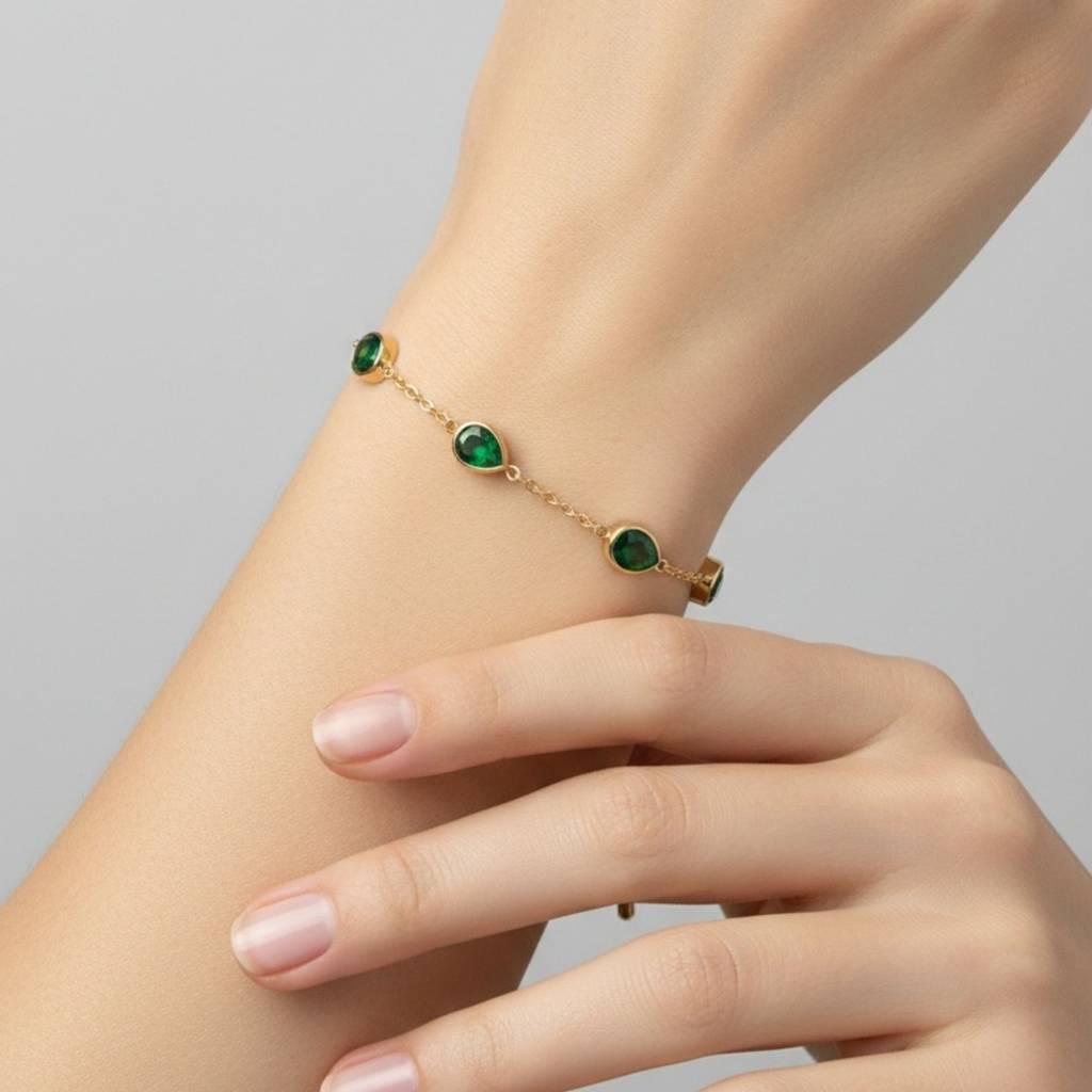 18K Gold Plated Emerald Green Teardrop Cz Station Bracelet : RJFSBR81
