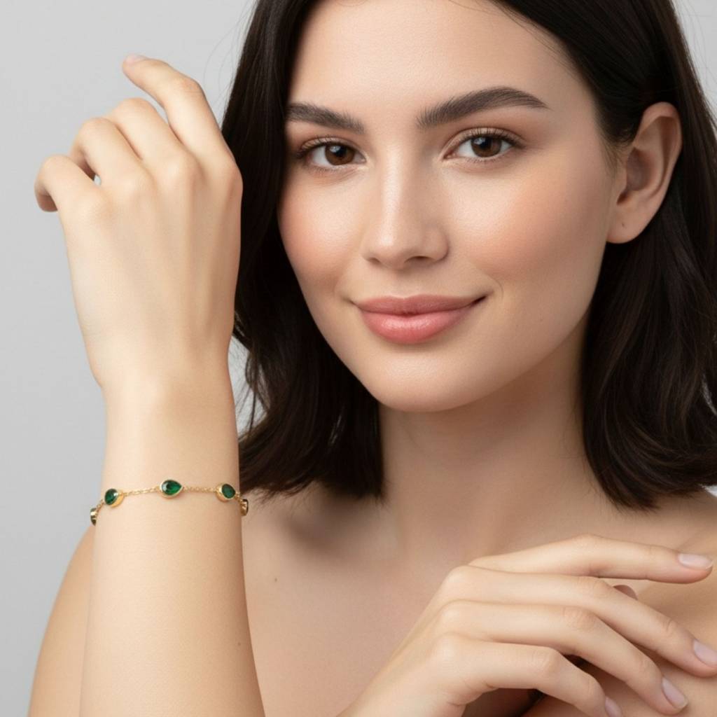 18K Gold Plated Emerald Green Teardrop Cz Station Bracelet : RJFSBR81