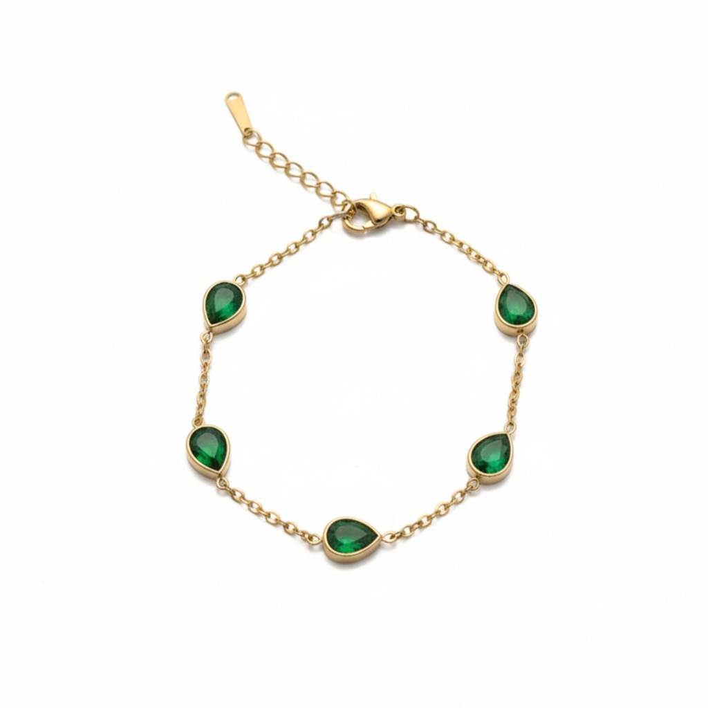 18K Gold Plated Emerald Green Teardrop Cz Station Bracelet : RJFSBR81