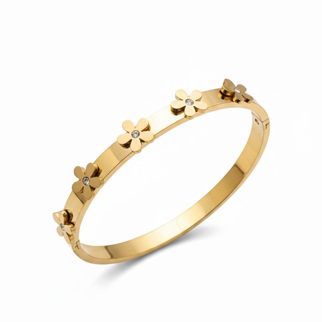 18K Gold Plated Daisy Flower Cz Bangle Bracelet : RJFSBR78