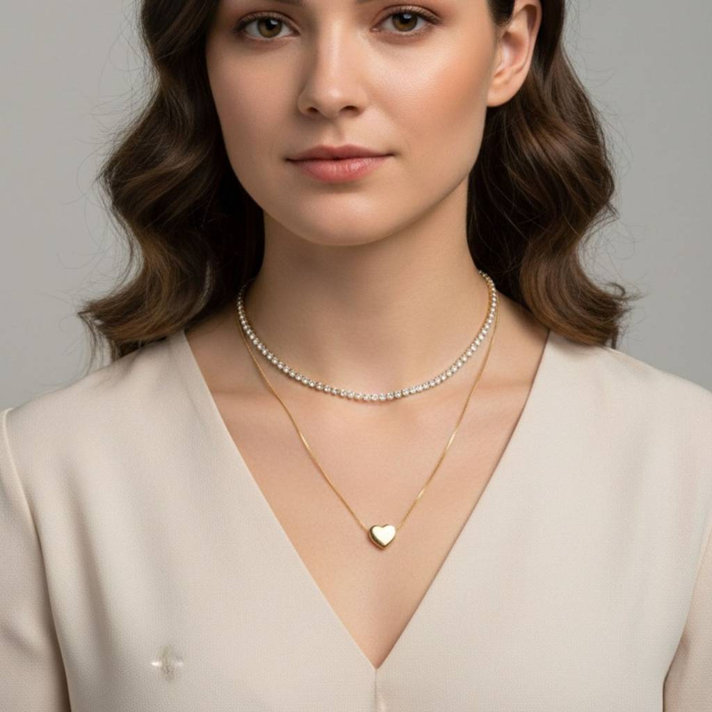 18K Gold Plated Layered Heart & Zircon Tennis Necklace : RJFSPN114