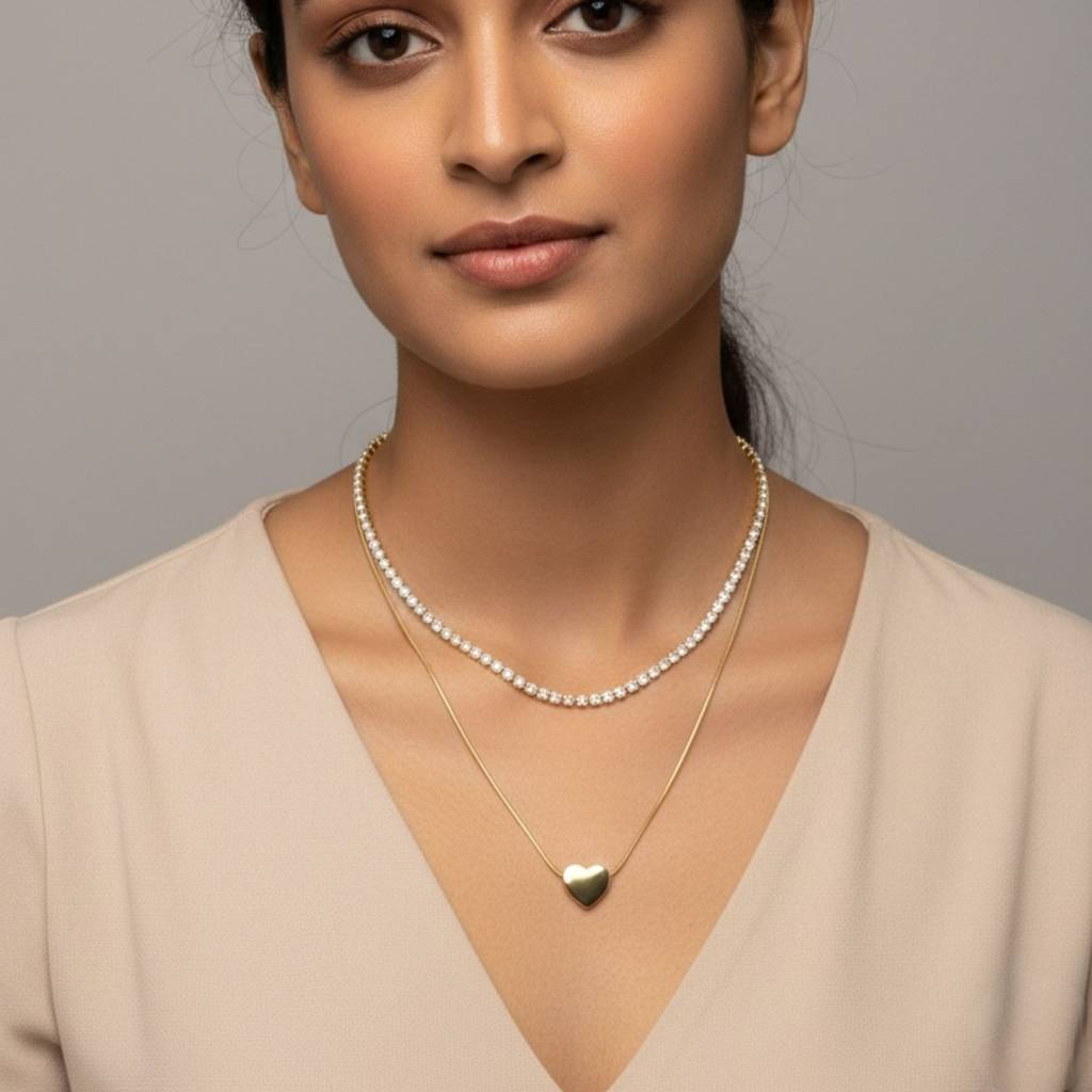 18K Gold Plated Layered Heart & Zircon Tennis Necklace : RJFSPN114