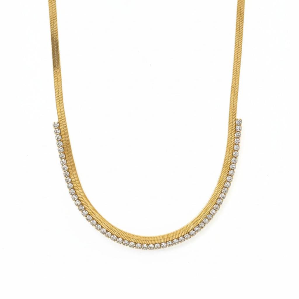 18K Gold Plated Zircon Studded Herringbone Necklace : RJFSPN132