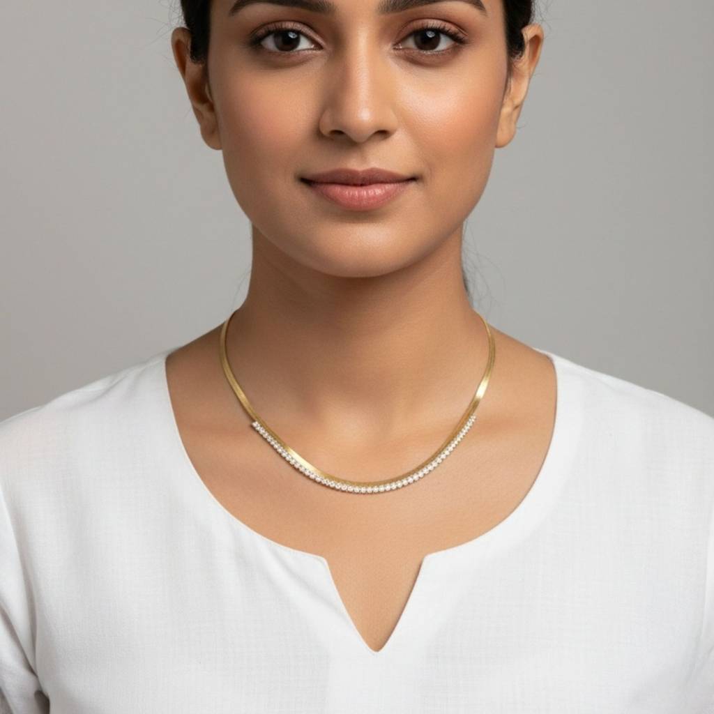 18K Gold Plated Zircon Studded Herringbone Necklace : RJFSPN132