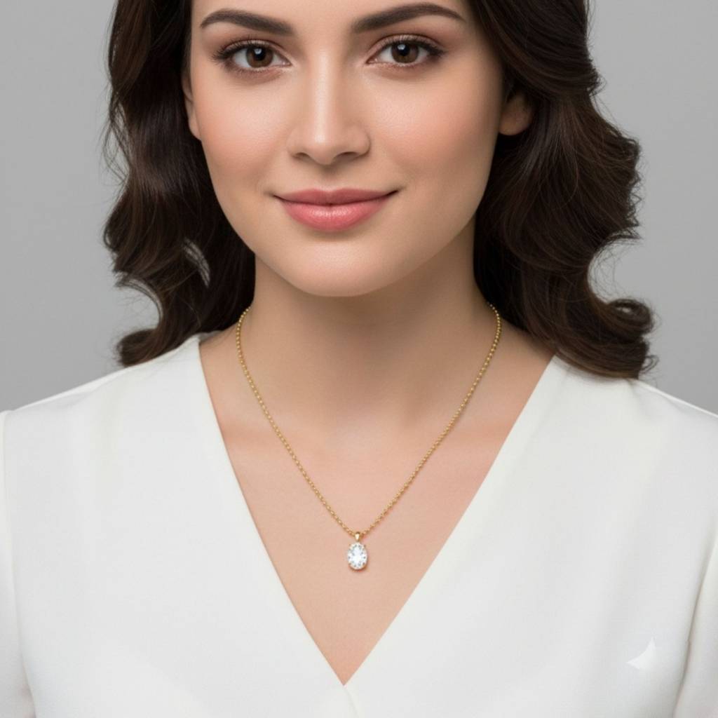 18K Gold Plated Oval Zircon Solitaire Pendant Necklace : RJFSPN128