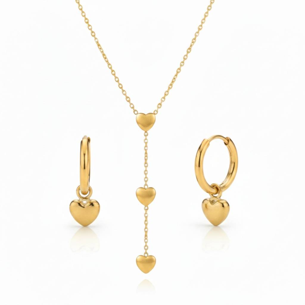 18K Gold Plated Heart Drop Necklace & Hoop Earrings Set : RJFSJS01