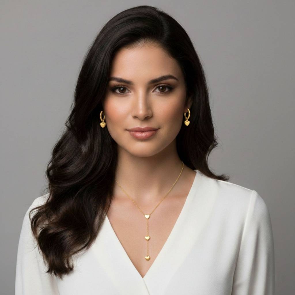 18K Gold Plated Heart Drop Necklace & Hoop Earrings Set : RJFSJS01